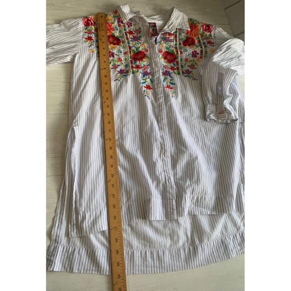 Johnny Was Small Cotton Striped WITH EMBROIDERED FLOWERS Tunic Tops - Picture 9 of 11